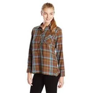 LIFE IS GOOD Top Tunic S Brown Blue Purple Plaid Henley Curve-Hem Long-Sleeve